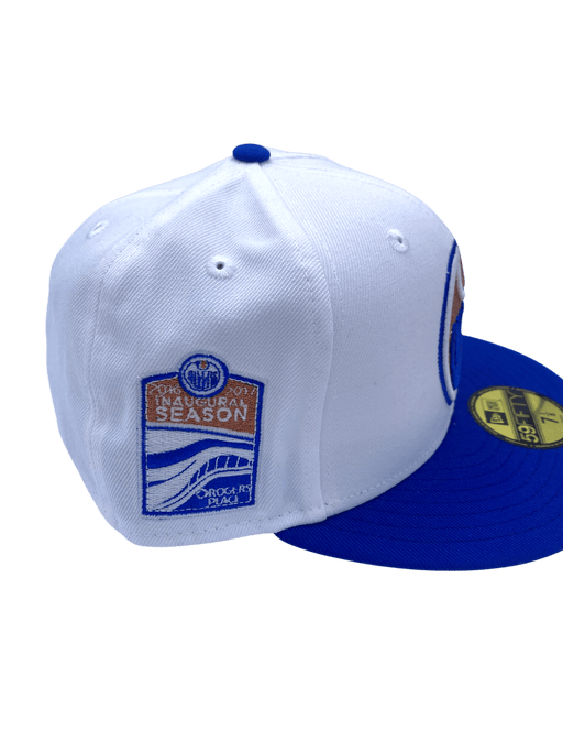 Adult Edmonton Oilers New Era White/Blue Custom Side Patch 59FIFTY Fitted Hat - Men's