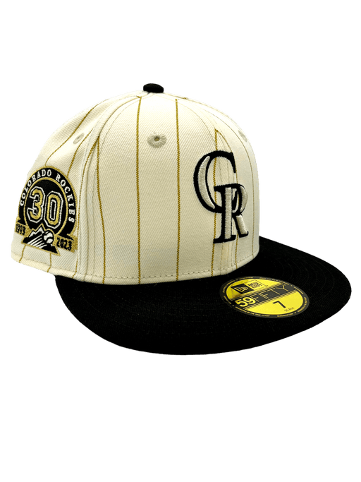 New Era Fitted Hat Colorado Rockies New Era Chrome Historic Pinstripe Side Patch 59FIFTY Fitted Hat - Men's