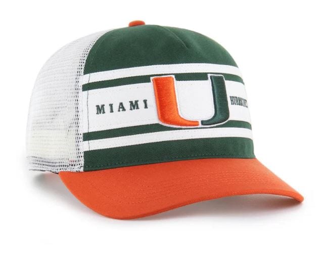 Adult Miami Hurricanes '47 Green/Orange Stripe Mesh Hitch Adjustable Snapback Hat - Men's