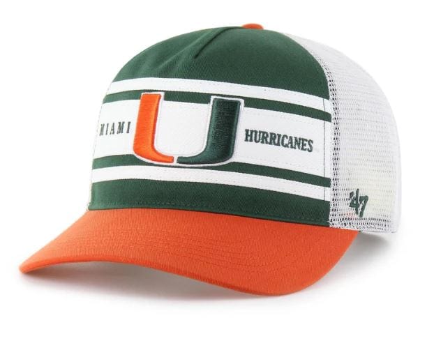 Adult Miami Hurricanes '47 Green/Orange Stripe Mesh Hitch Adjustable Snapback Hat - Men's