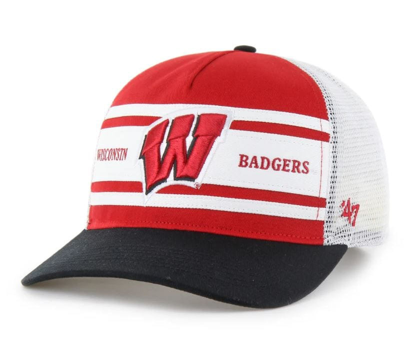 Adult Wisconsin Badgers '47 Red/Black Stripe Mesh Hitch Adjustable Snapback Hat - Men's