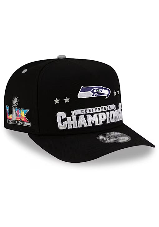 New Era Cap Co. Hats NFL Black New Era Seattle Seahawks 2025-26 NFL Locker Room Conference Champs 9FIFTY A-Frame Adjustable Hat - Men's
