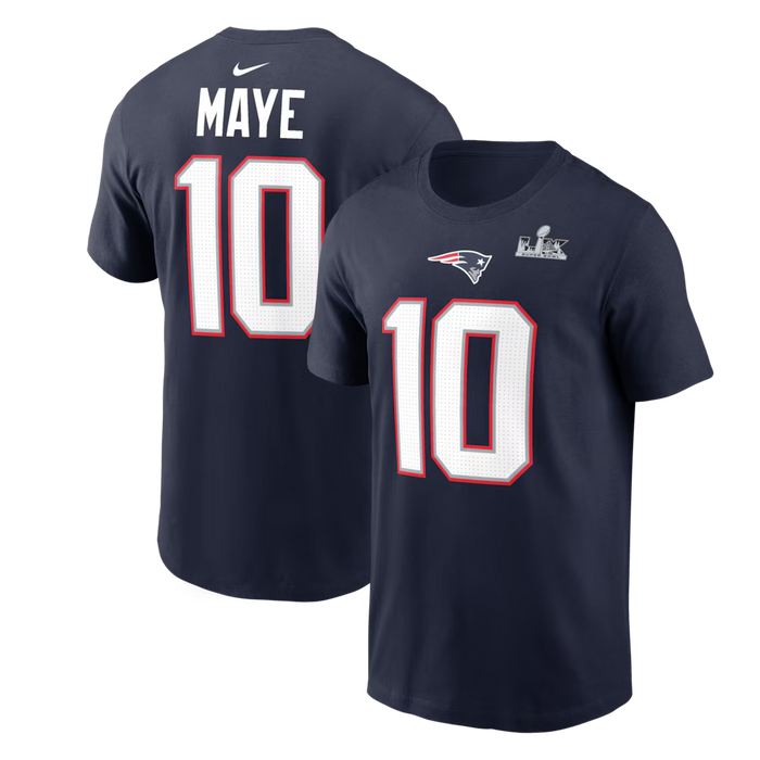 Drake Maye New England Patriots Nike Super Bowl LX Patch Name & Number T-Shirt - Navy - MEN'S