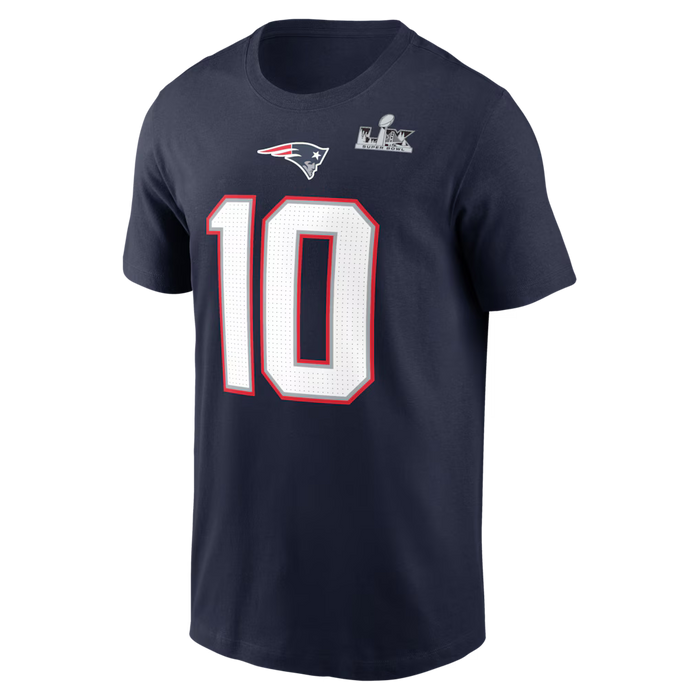 Drake Maye New England Patriots Nike Super Bowl LX Patch Name & Number T-Shirt - Navy - MEN'S