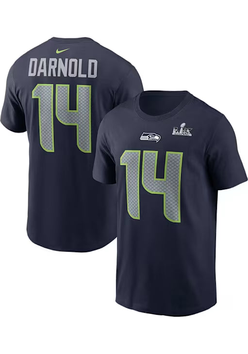 Sam Darnold Seattle Seahawks Nike Super Bowl LX Patch Name & Number T-Shirt - College Navy - Men's