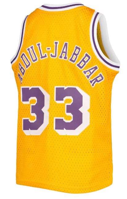 Youth Mitchell & Ness Kareem Abdul-Jabbar Gold Los Angeles Lakers 1984-85 Hardwood Classics Swingman Jersey Size: Medium