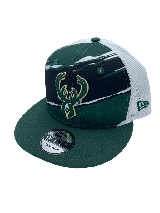 Milwaukee Bucks New Era Green Tear Stripe Trucker 9FIFTY Snapback Hat