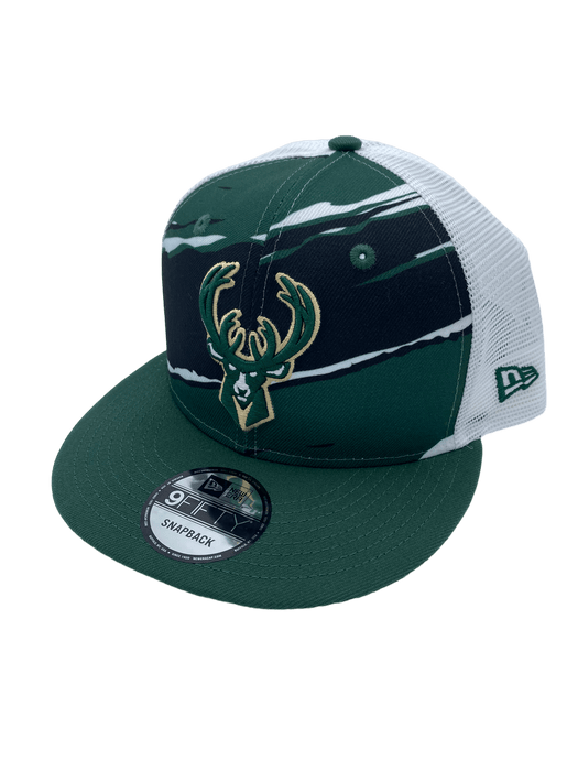 New Era Adjustable Hat Green Milwaukee Bucks New Era Green Tear Stripe Trucker 9FIFTY Snapback Hat