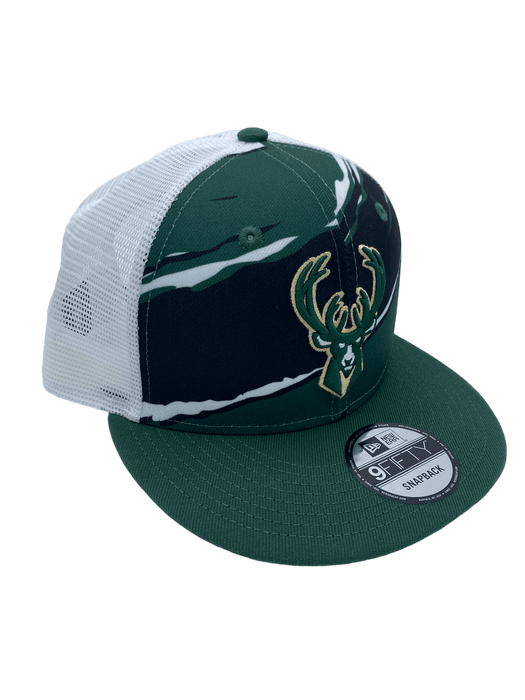 New Era Adjustable Hat Green Milwaukee Bucks New Era Green Tear Stripe Trucker 9FIFTY Snapback Hat