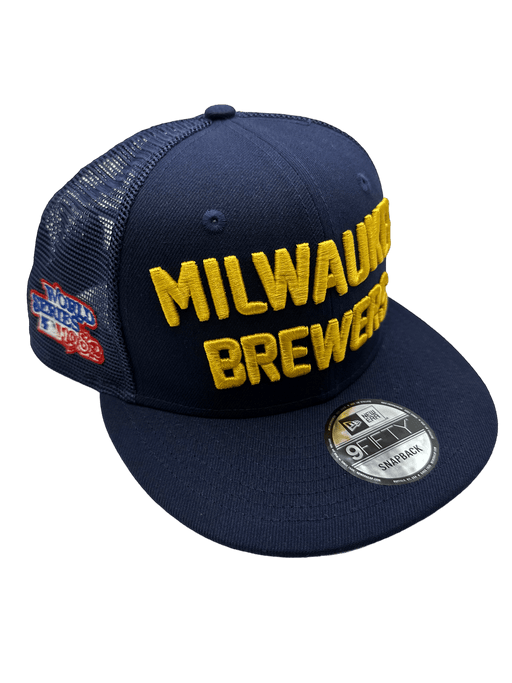 New Era Adjustable Hat Navy Milwaukee Brewers New Era Blue Stacked Wordmark Trucker 9FIFTY Snapback Hat