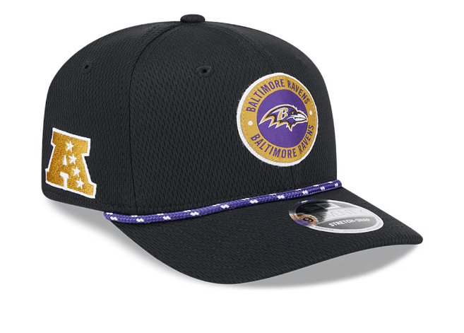 New Era Adjustable Hat OSFA / Black Baltimore Ravens New Era Black 2024 Sideline Roper 9SEVENTY Stretch-Snapback Hat