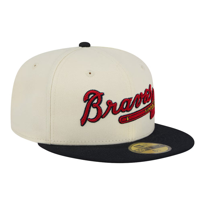 New Era Fitted Hat Adult Atlanta Braves New Era Chrome 2 Tone Chain Stitch Logo 59FIFTY Fitted Hat - Men's
