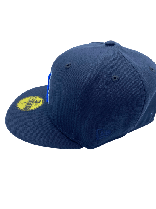 New Era Fitted Hat Adult Atlanta Braves New Era Metallic Navy Custom Side Patch 59FIFTY Fitted Hat - Men's