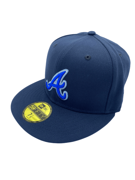 New Era Fitted Hat Adult Atlanta Braves New Era Metallic Navy Custom Side Patch 59FIFTY Fitted Hat - Men's