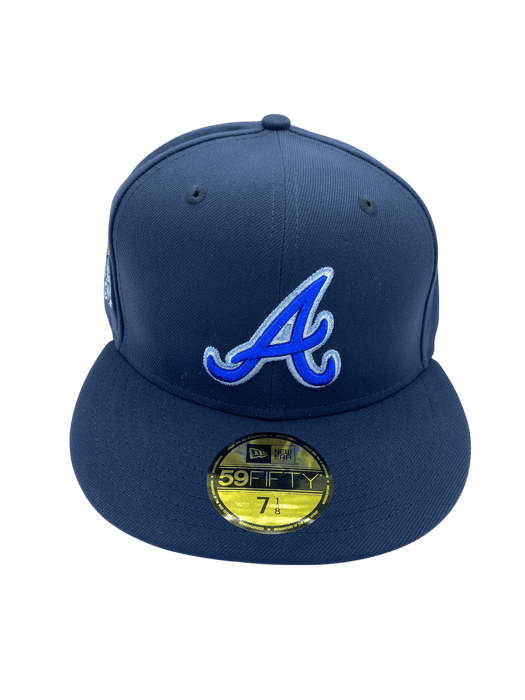 New Era Fitted Hat Adult Atlanta Braves New Era Metallic Navy Custom Side Patch 59FIFTY Fitted Hat - Men's