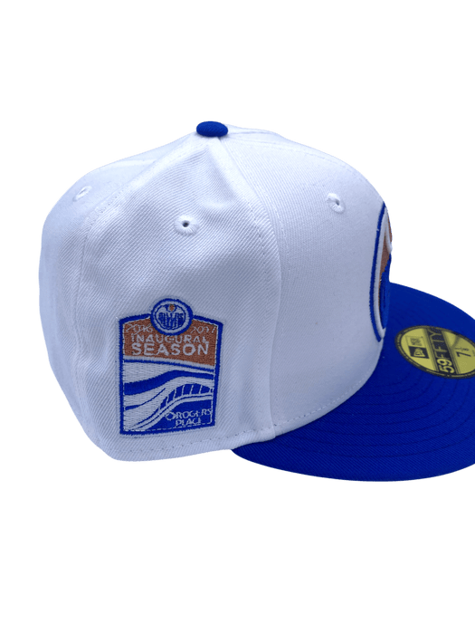 New Era Fitted Hat Adult Edmonton Oilers New Era White/Blue Custom Side Patch 59FIFTY Fitted Hat - Men's