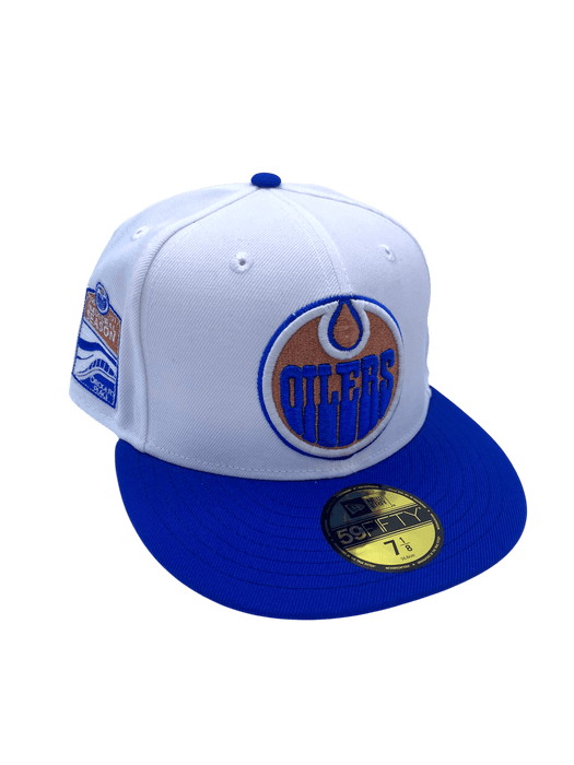 New Era Fitted Hat Adult Edmonton Oilers New Era White/Blue Custom Side Patch 59FIFTY Fitted Hat - Men's