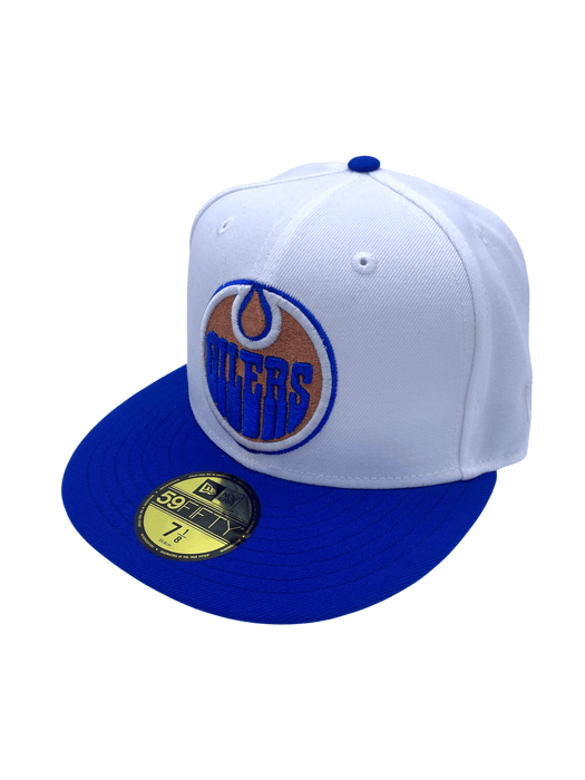 New Era Fitted Hat Adult Edmonton Oilers New Era White/Blue Custom Side Patch 59FIFTY Fitted Hat - Men's