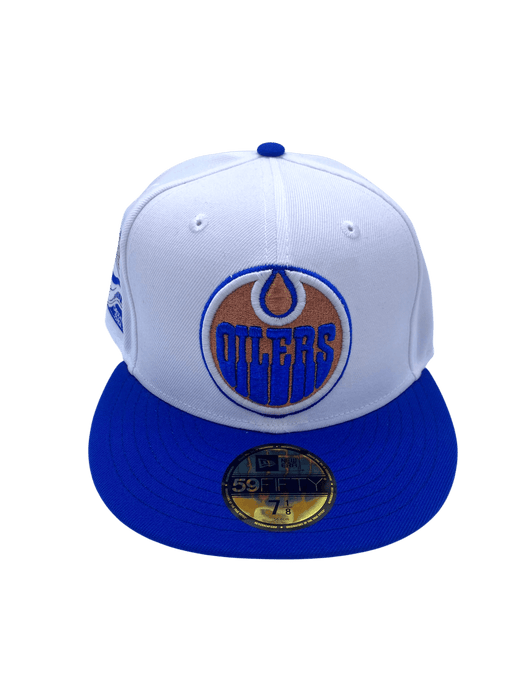 New Era Fitted Hat Adult Edmonton Oilers New Era White/Blue Custom Side Patch 59FIFTY Fitted Hat - Men's