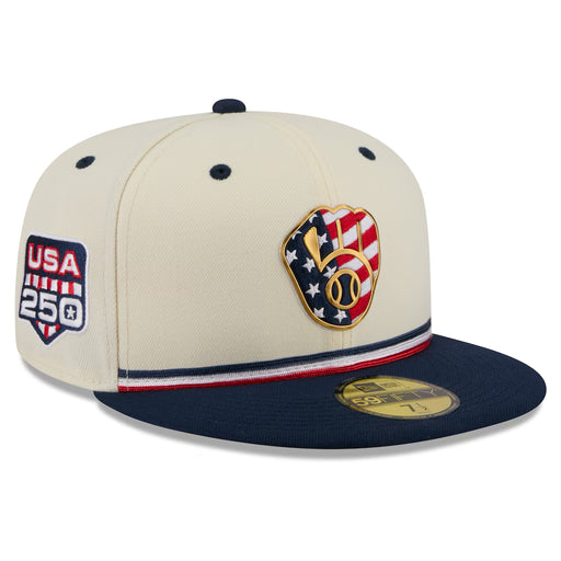 New Era Fitted Hat Adult Milwaukee Brewers New Era Cream/ Navy 2026 Fourth of July On Field 59FIFTY Fitted Hat - Men's
