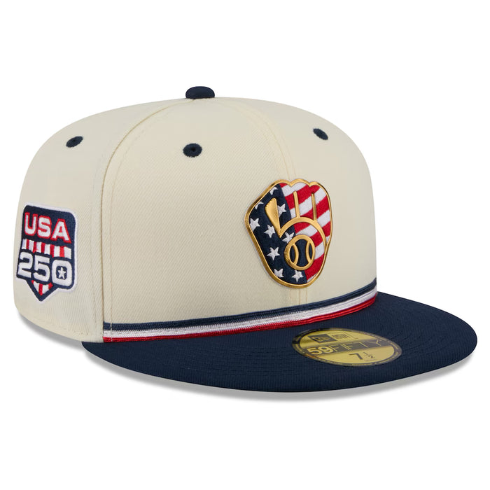 New Era Fitted Hat Adult Milwaukee Brewers New Era Cream/ Navy 2026 Fourth of July On Field 59FIFTY Fitted Hat - Men's