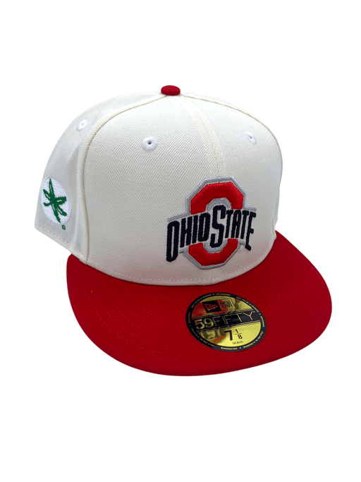 New Era Fitted Hat Adult Ohio State Buckeyes New Era Chrome/Red Defending Champs Custom Side Patch 59FIFTY Fitted Hat - Men's