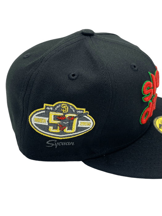 New Era Fitted Hat Adult San Diego Padres New Era Black Slam Diego Custom Side Patch 59FIFTY Fitted Hat - Men's