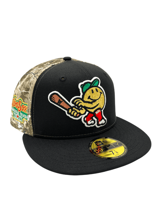 New Era Fitted Hat Adult Worcester Woo Sox New Era Black/Camo Real Tree Custom 59FIFTY Fitted Hat - Men's