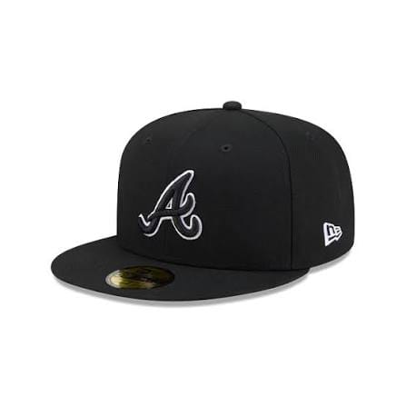 New Era Fitted Hat Atlanta Braves Black On Black White Outline 59Fifty Color Basic Fitted