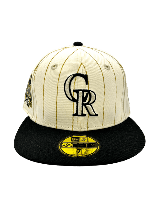 New Era Fitted Hat Colorado Rockies New Era Chrome Historic Pinstripe Side Patch 59FIFTY Fitted Hat - Men's