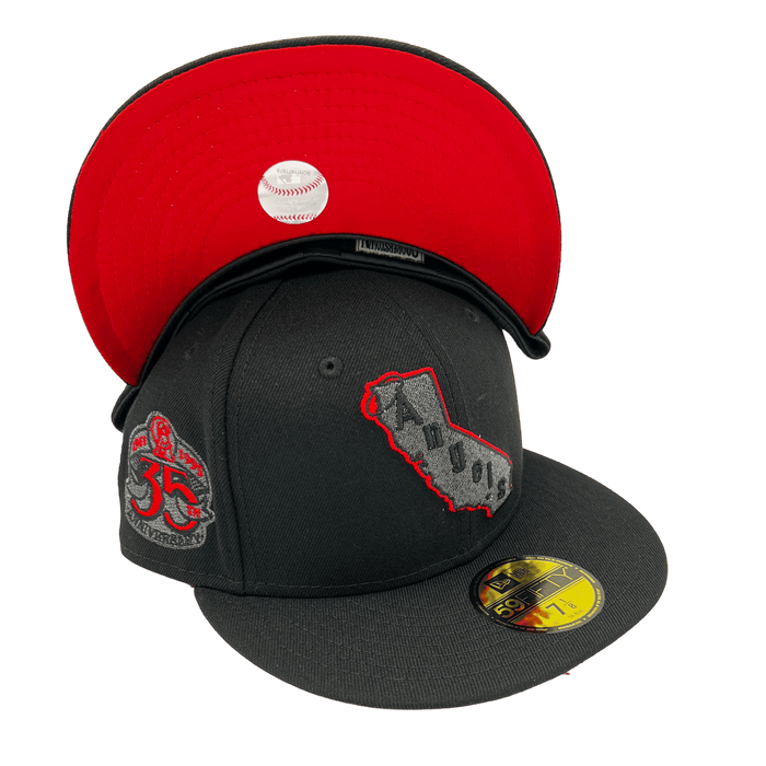 New Era Fitted Hat Los Angeles Angels New Era PI Black Metallic Side Patch 59FIFTY Fitted Hat