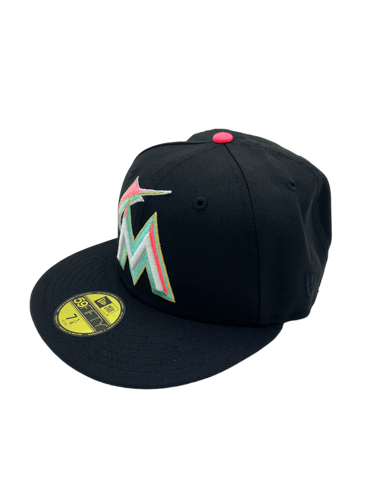 New Era Fitted Hat Miami Marlins New Era Black Custom South Beach Side Patch 59FIFTY Fitted Hat