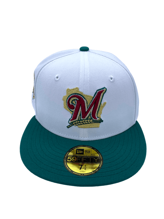 New Era Fitted Hat Milwaukee Brewers New Era White/Green Custom VP2 Side Patch 59FIFTY Fitted Hat