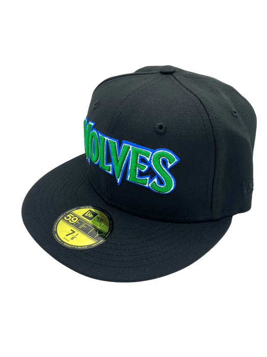 New Era Fitted Hat Minnesota Timberwolves New Era Black Script Custom Side Patch 59FIFTY Fitted Hat - Men's