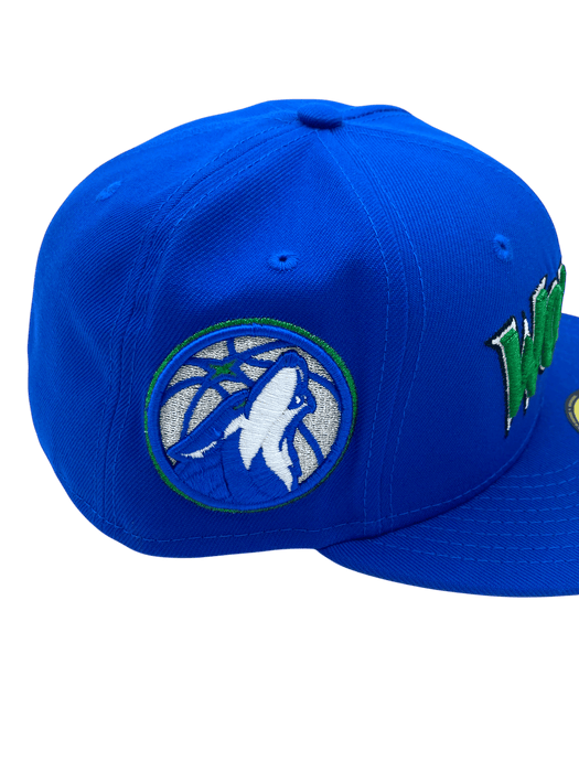 New Era Fitted Hat Minnesota Timberwolves New Era Blue Script Custom Side Patch 59FIFTY Fitted Hat - Men's