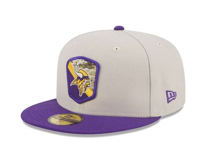 New Era Fitted Hat Minnesota Vikings New Era Stone/Purple 2023 Salute To Service 59FIFTY Fitted Hat