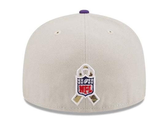 New Era Fitted Hat Minnesota Vikings New Era Stone/Purple 2023 Salute To Service 59FIFTY Fitted Hat