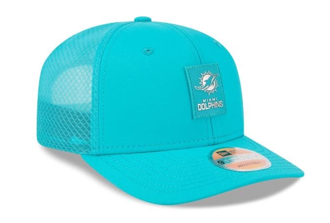 Adult Miami Dolphins New Era Aqua 2025 NFL Sideline 9SEVENTY Adjustable Trucker Hat - Men's