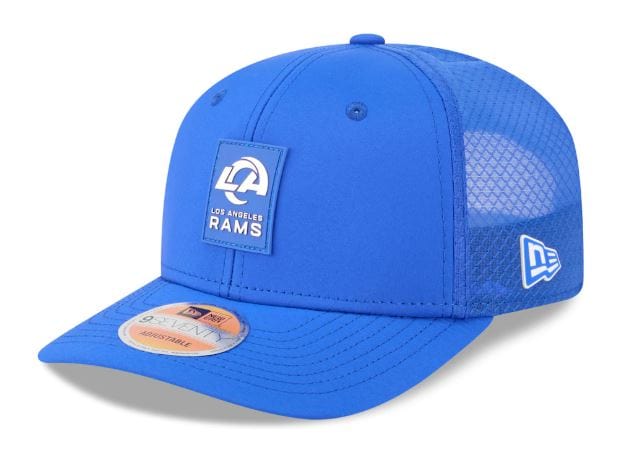 Adult Los Angeles Rams New Era Blue 2025 NFL Sideline 9SEVENTY Adjustable Trucker Hat - Men's