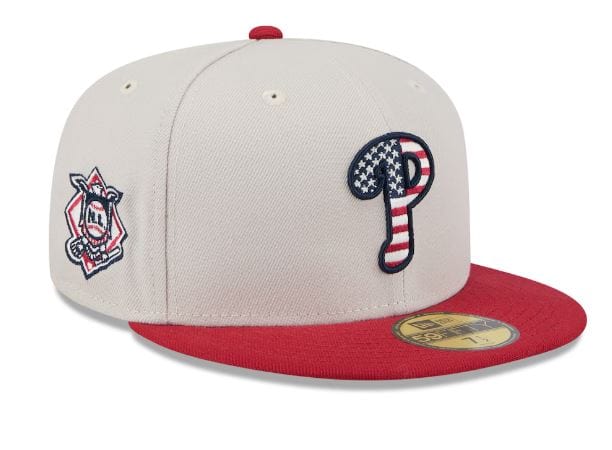 Philadelphia Phillies New Era Khaki/Red 2024 July 4th Official On Field Side Patch 59FIFTY Fitted Hat