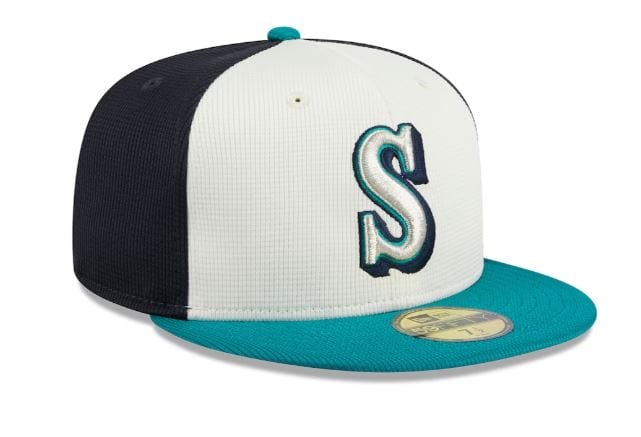 New Era Fitted Hat Seattle Mariners New Era Navy/White 2024 Batting Practice Custom 59FIFTY Fitted Hat - Men's