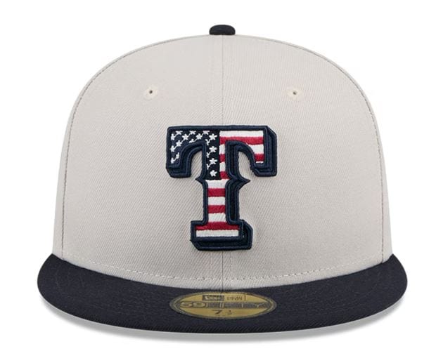 New Era Fitted Hat Texas Rangers New Era Khaki/Black 2024 July 4th Official On Field Side Patch 59FIFTY Fitted Hat