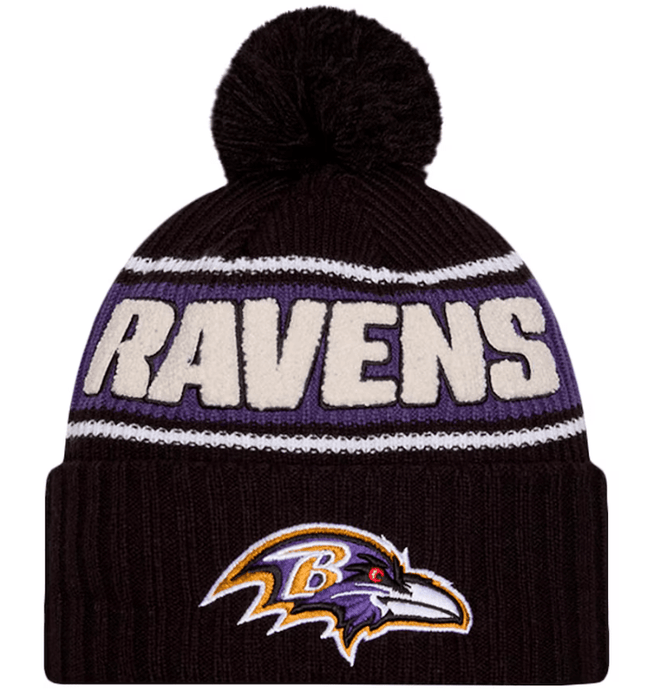 New Era Knit Hat OSFM / Black Baltimore Ravens New Era 2024 Black Sideline Cuffed Knit Hat With Pom