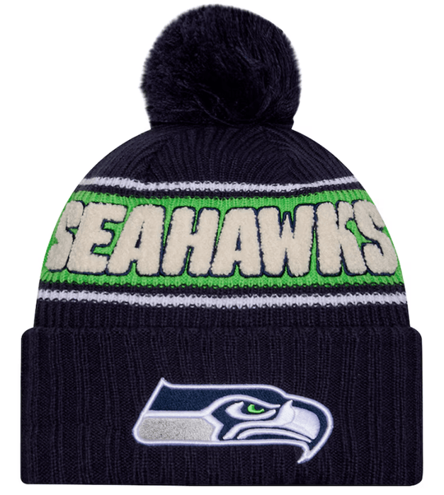 New Era Knit Hat OSFM / Navy Seattle Seahawks New Era 2024 Navy Sideline Cuffed Knit Hat With Pom