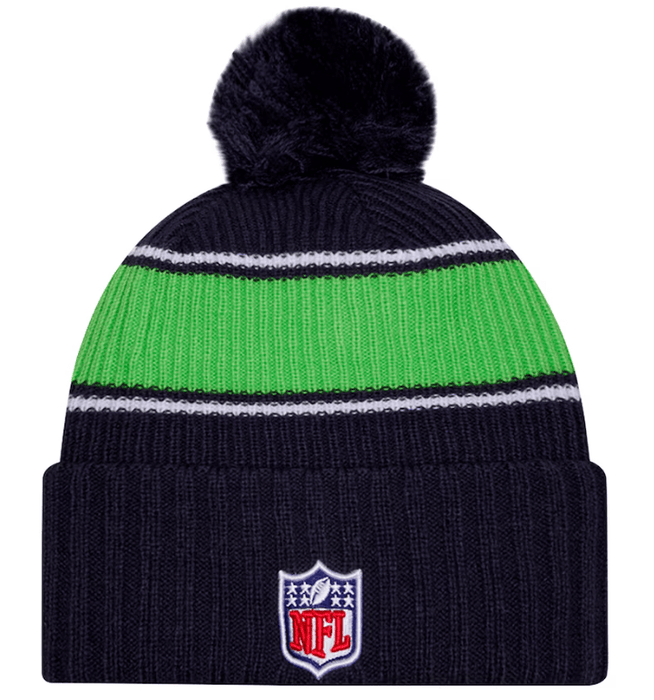 New Era Knit Hat OSFM / Navy Seattle Seahawks New Era 2024 Navy Sideline Cuffed Knit Hat With Pom