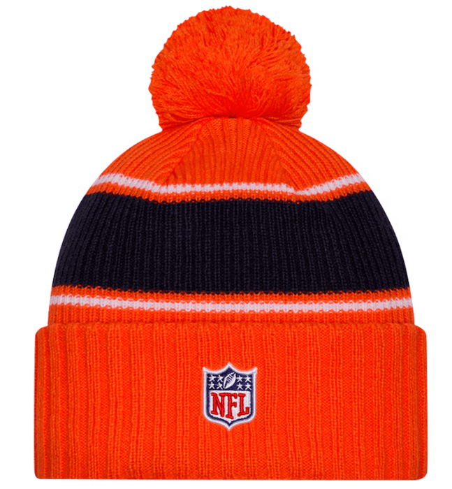 Adult Denver Broncos New Era 2024 Orange Sideline Cuffed Knit Hat With Pom - Men's