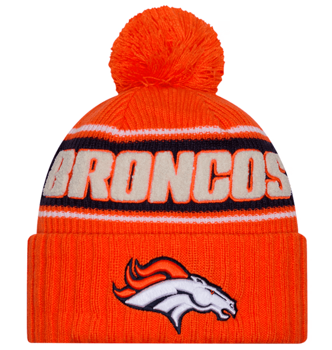 Adult Denver Broncos New Era 2024 Orange Sideline Cuffed Knit Hat With Pom - Men's