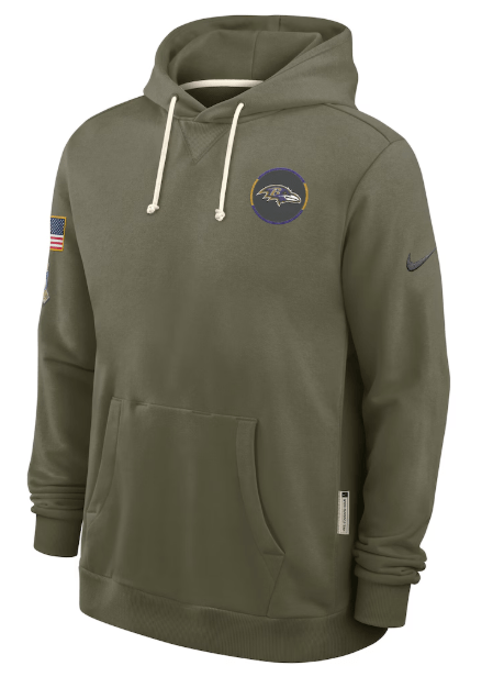 Nike Sweatshirts Adult Baltimore Ravens Nike Olive 2025 Salute to Service Sideline Hooded Sweatshirt - Men's