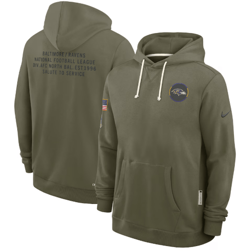 Nike Sweatshirts Adult Baltimore Ravens Nike Olive 2025 Salute to Service Sideline Hooded Sweatshirt - Men's