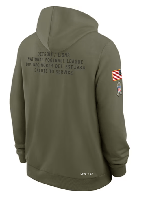 Nike Sweatshirts Adult Detroit Lions Nike Olive 2025 Salute to Service Sideline Hooded Sweatshirt - Men's